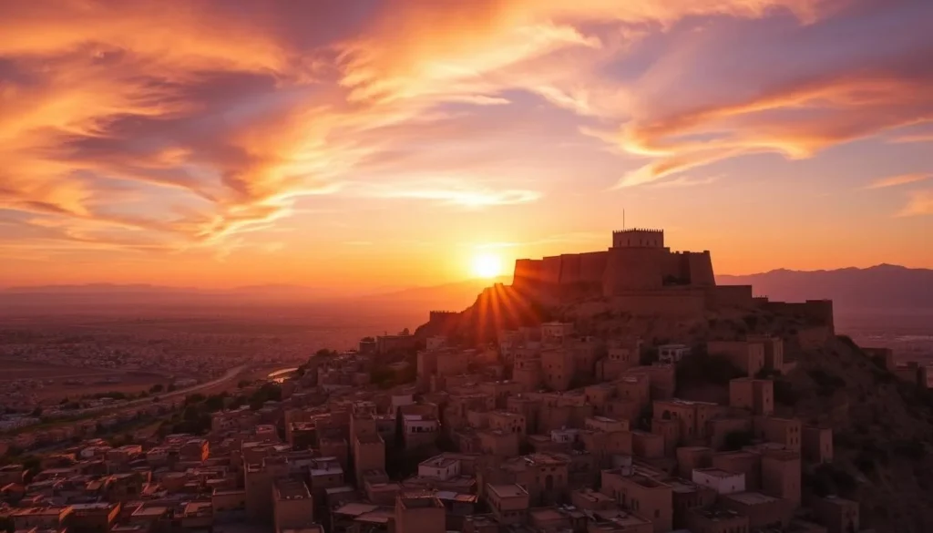 Panoramic view of Al-Karak city with the castle at sunset