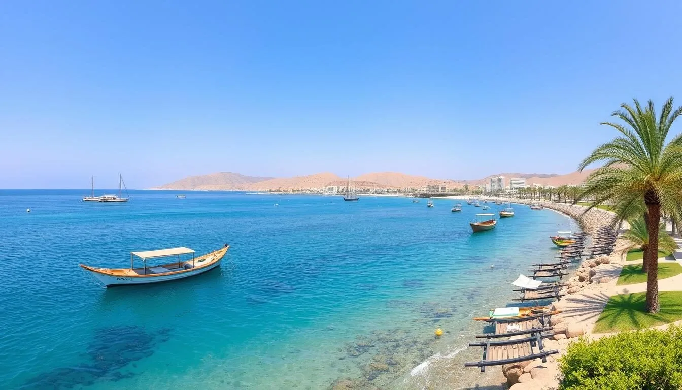 Panoramic view of Al-Khaburah's coastline with traditional boats and the Gulf of Oman on a sunny day