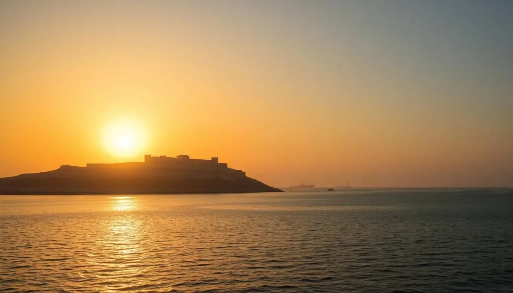 Panoramic view of Al Shamal coastline at sunset with Al Zubara Fort silhouette