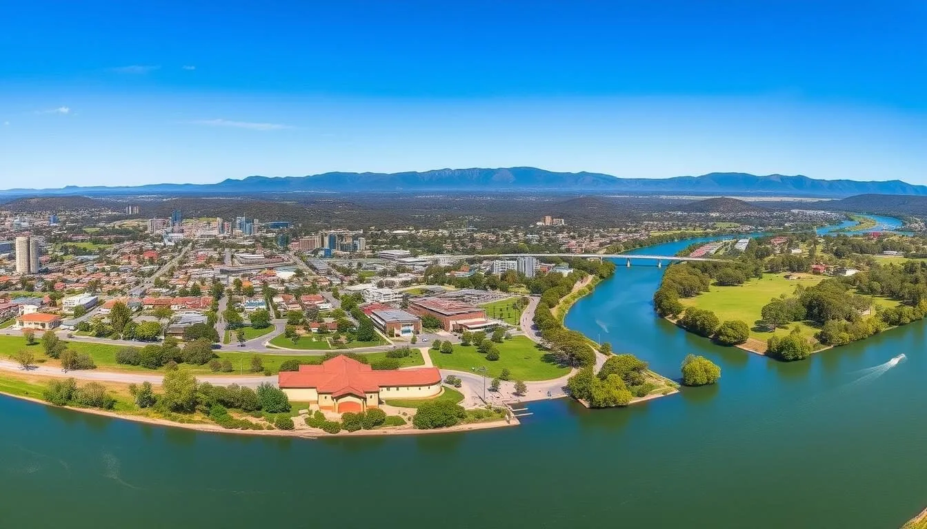 Panoramic view of Albury New South Wales with the Murray River winding through the landscape on a sunny day