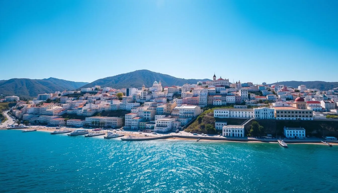 Panoramic view of Algiers with white buildings cascading down to the Mediterranean Sea