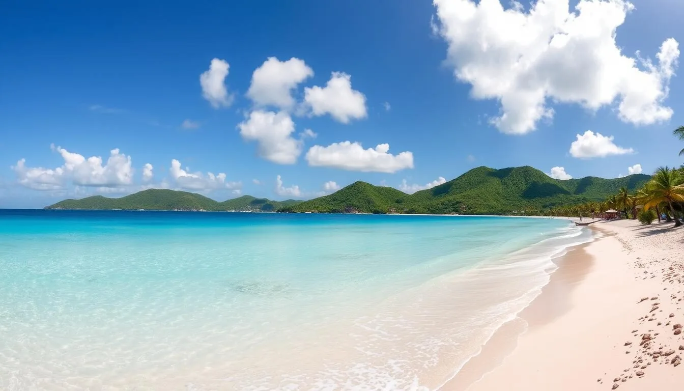 Panoramic view of All Saints, Antigua with white sand beaches and turquoise waters
