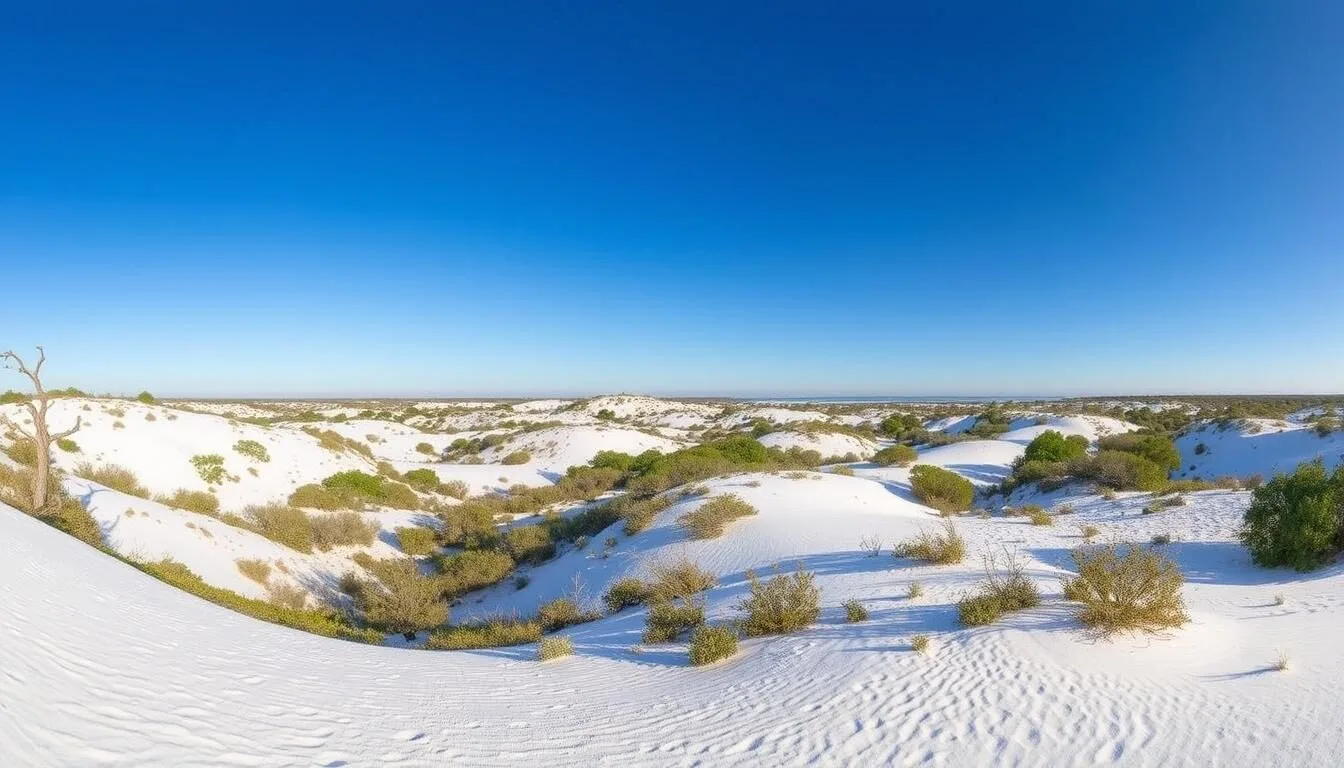 Panoramic view of Allen David Broussard Catfish Creek Preserve State Park showing white sand ridges and native scrub vegetation