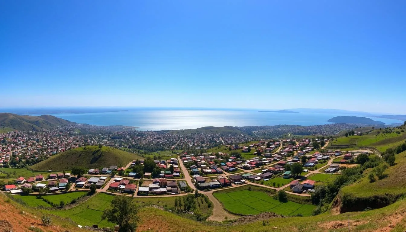 Panoramic view of Ambatondrazaka city with Lake Alaotra in the background, Madagascar