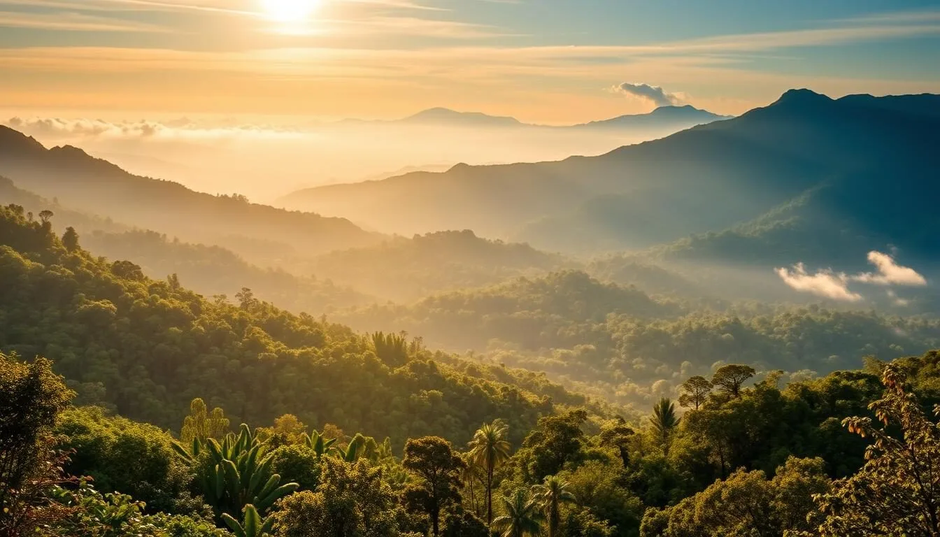 Panoramic view of Amboro National Park showing the convergence of three distinct ecosystems with lush green forest and mountain backdrop