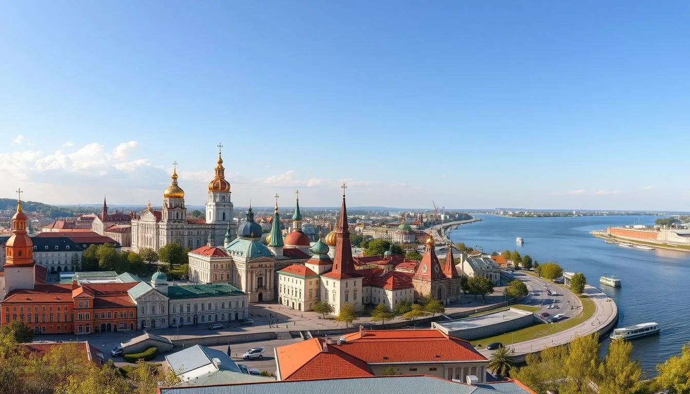 Panoramic view of Astrakhan city with the Volga River and historic architecture