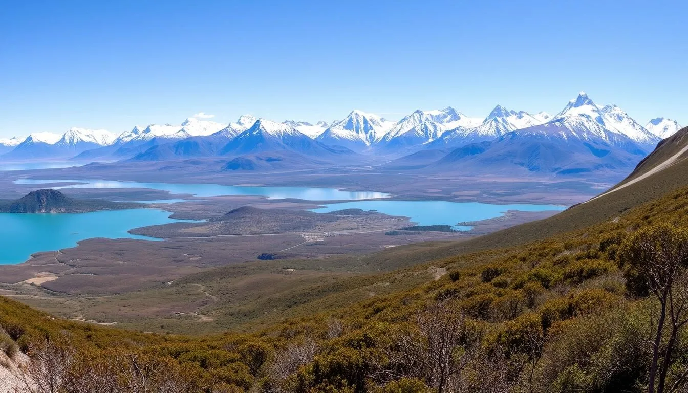 Panoramic view of Aysen, Chile mountains and lakes on a clear day