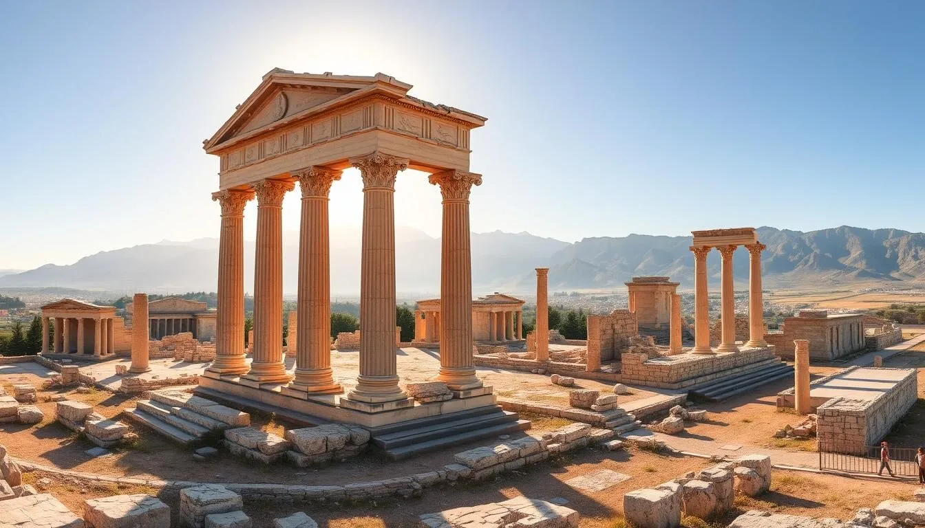 Panoramic view of Baalbek's ancient Roman ruins with the Temple of Bacchus in the foreground and mountains in the background