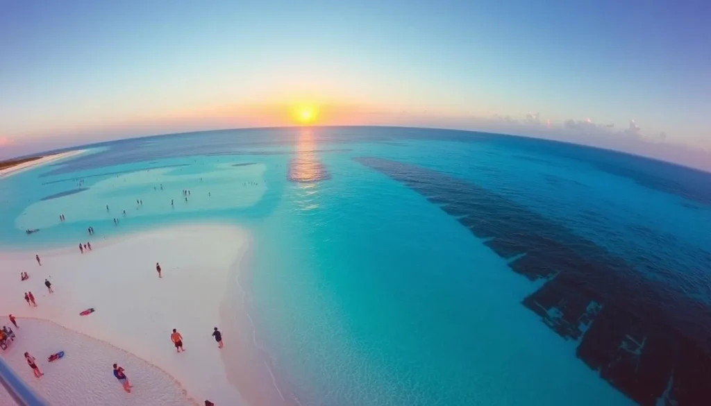 Panoramic view of Baby Beach Aruba at sunset with people enjoying the beach