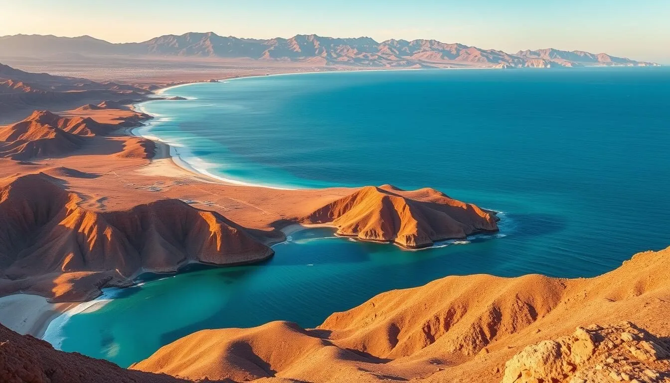 Panoramic-view-of-Baja-California-Sur-coastline-with-turquoise-waters-meeting-desert-landscape Panoramic view of Baja California Sur coastline with turquoise waters meeting desert landscape