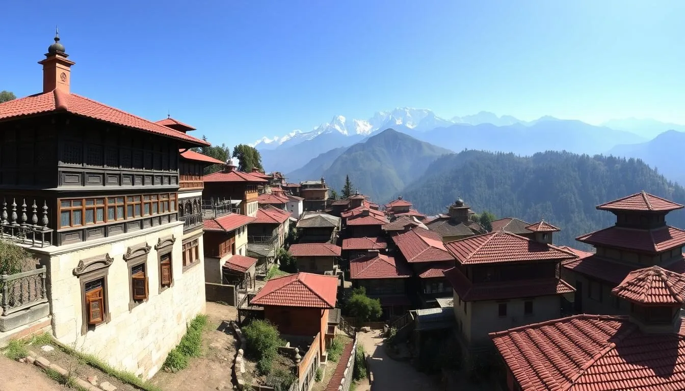 Panoramic view of Bandipur's hillside location with traditional Newari buildings and mountain backdrop