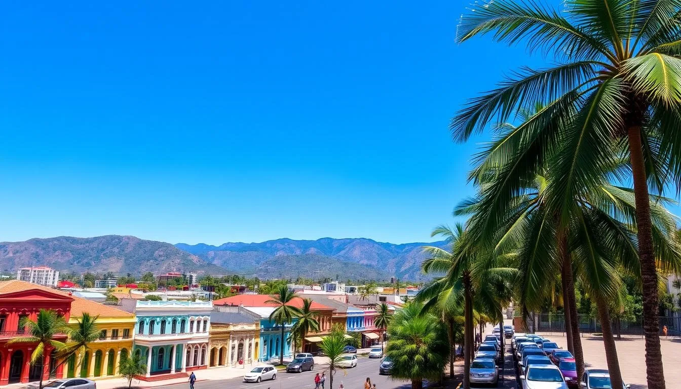 Panoramic view of Banes, Cuba showing the town center with colorful buildings and palm trees