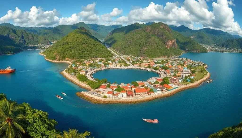 Panoramic view of Baracoa with El Yunque mountain, bay, and colorful town