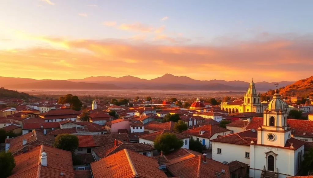 Panoramic view of Barichara at sunset with golden light on colonial buildings and mountains in background Panoramic view of Barichara at sunset with golden light on colonial buildings and mountains in background