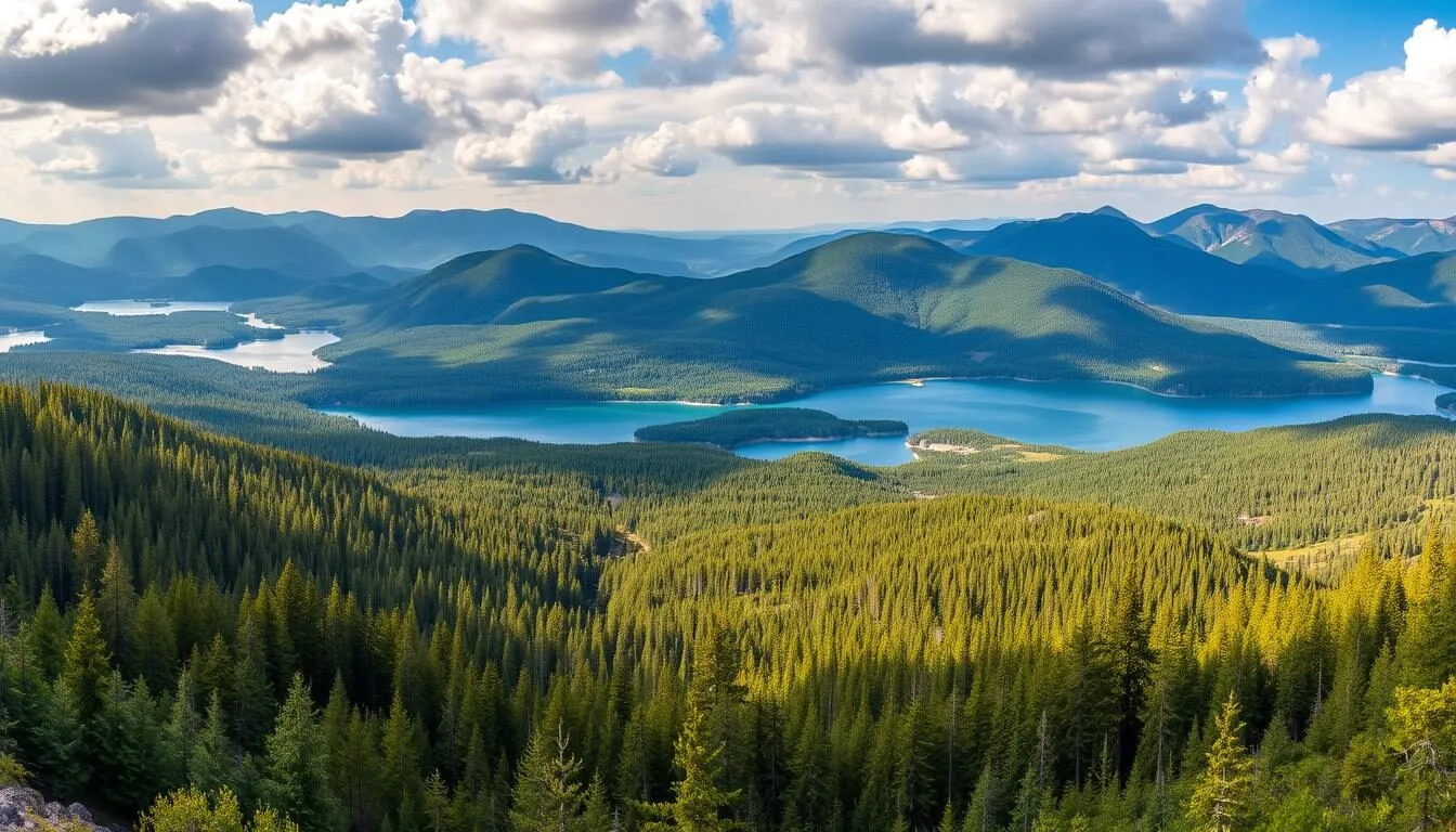 Panoramic-view-of-Bashkiriya-National-Park-showing-forests-mountains-and-the-Nugush-Reservoir Panoramic view of Bashkiriya National Park showing forests, mountains and the Nugush Reservoir