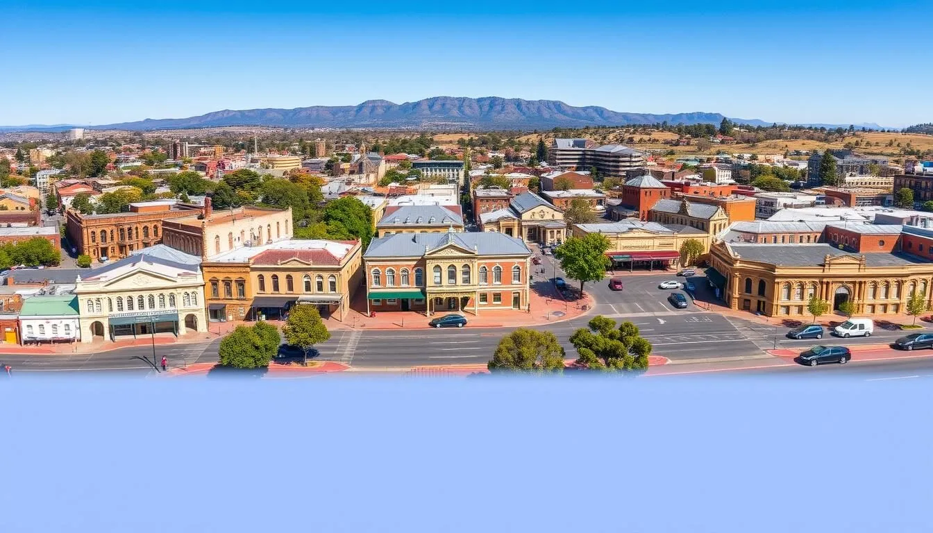 Panoramic view of Bathurst city center with historic buildings and Mount Panorama in the background