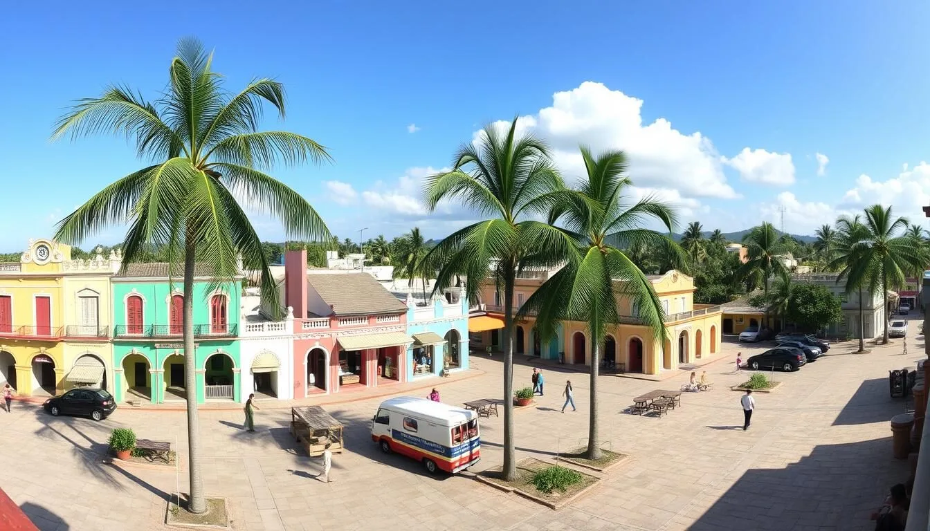 Panoramic view of Bauta, Cuba showing colorful colonial buildings and palm trees on a sunny day