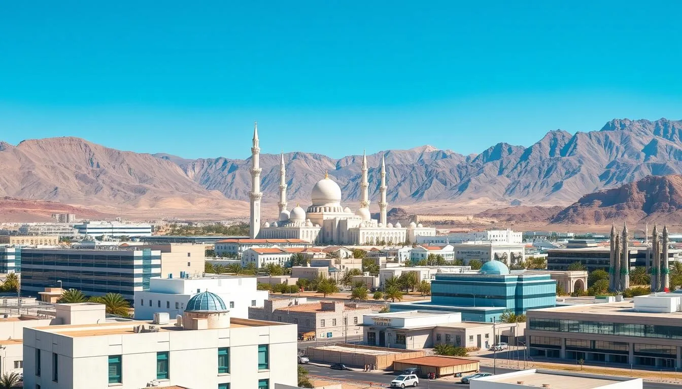 Panoramic view of Bawshar district in Oman with Sultan Qaboos Grand Mosque visible in the distance against a backdrop of mountains