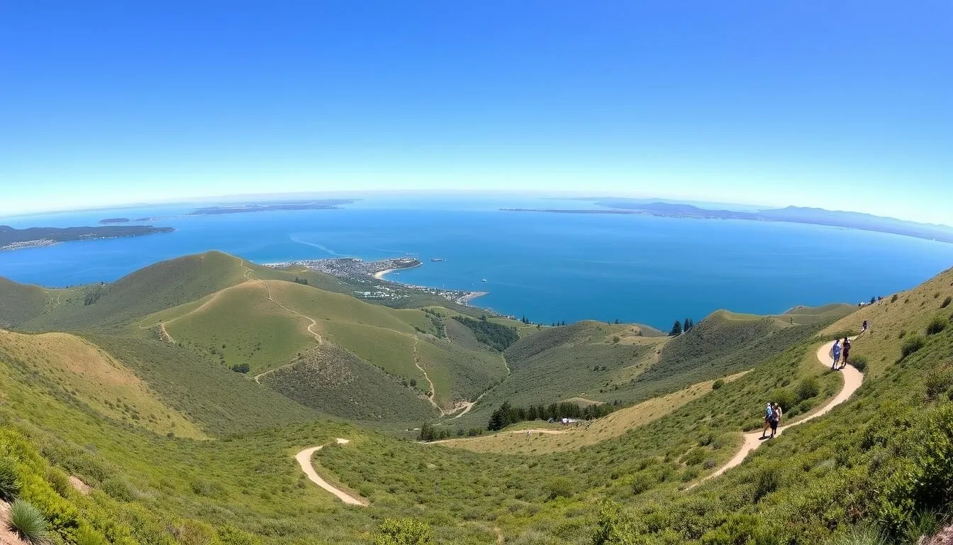 Panoramic-view-of-Benicia-State-Recreation-Area-showing-the-Carquinez-Strait-waterfront-with Panoramic view of Benicia State Recreation Area showing the Carquinez Strait waterfront with hiking trails and green hillsides on a sunny day