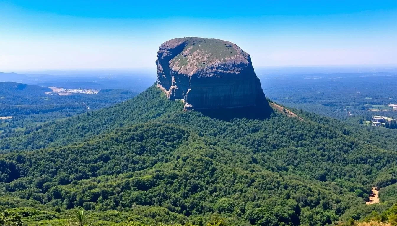 Panoramic view of Bible Rock (Bathalegala) rising above the lush Sri Lankan landscape on a clear sunny day
