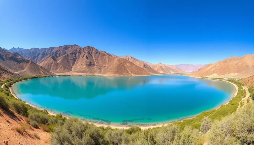 Panoramic view of Bin El Ouidane Lake surrounded by mountains near Fquih Ben Salah