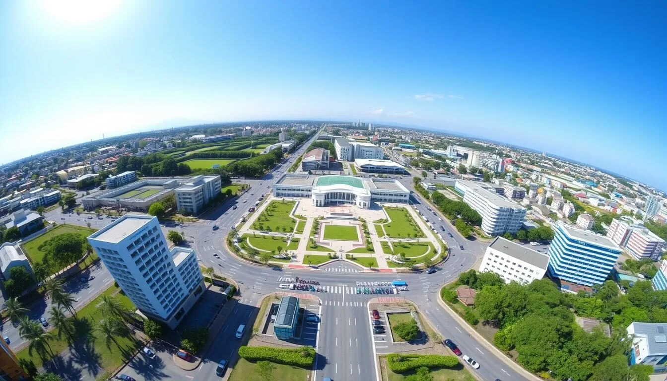 Panoramic view of Binjai city in North Sumatra, Indonesia, showing the city center with the Freedom Square and surrounding buildings