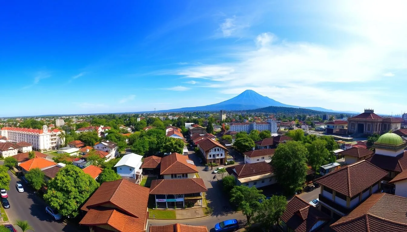 Panoramic view of Blitar city with Mount Kelud in the background, showcasing the blend of urban landscape and natural beauty that defines Blitar, Indonesia