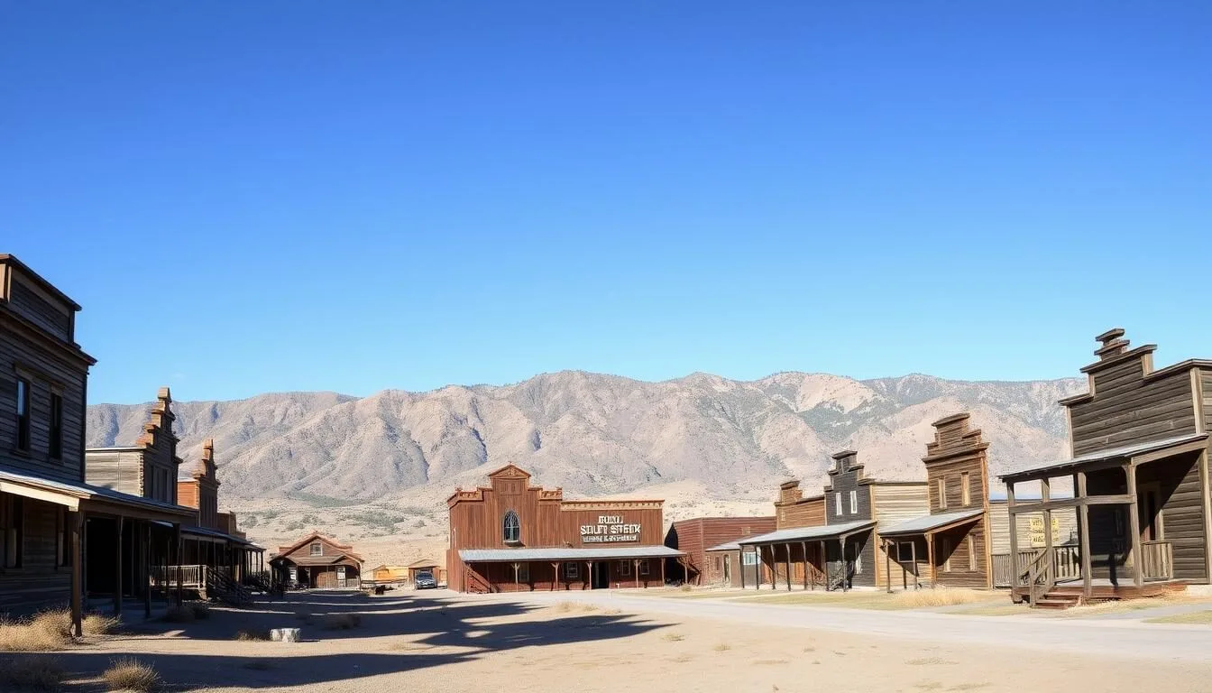 Panoramic view of Bodie State Historic Park showing weathered wooden buildings against the Eastern Sierra landscape