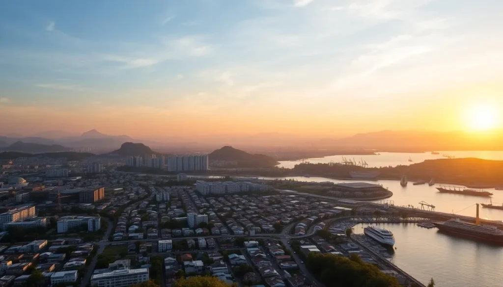 Panoramic view of Bontang city and harbor at sunset with mountains in the background