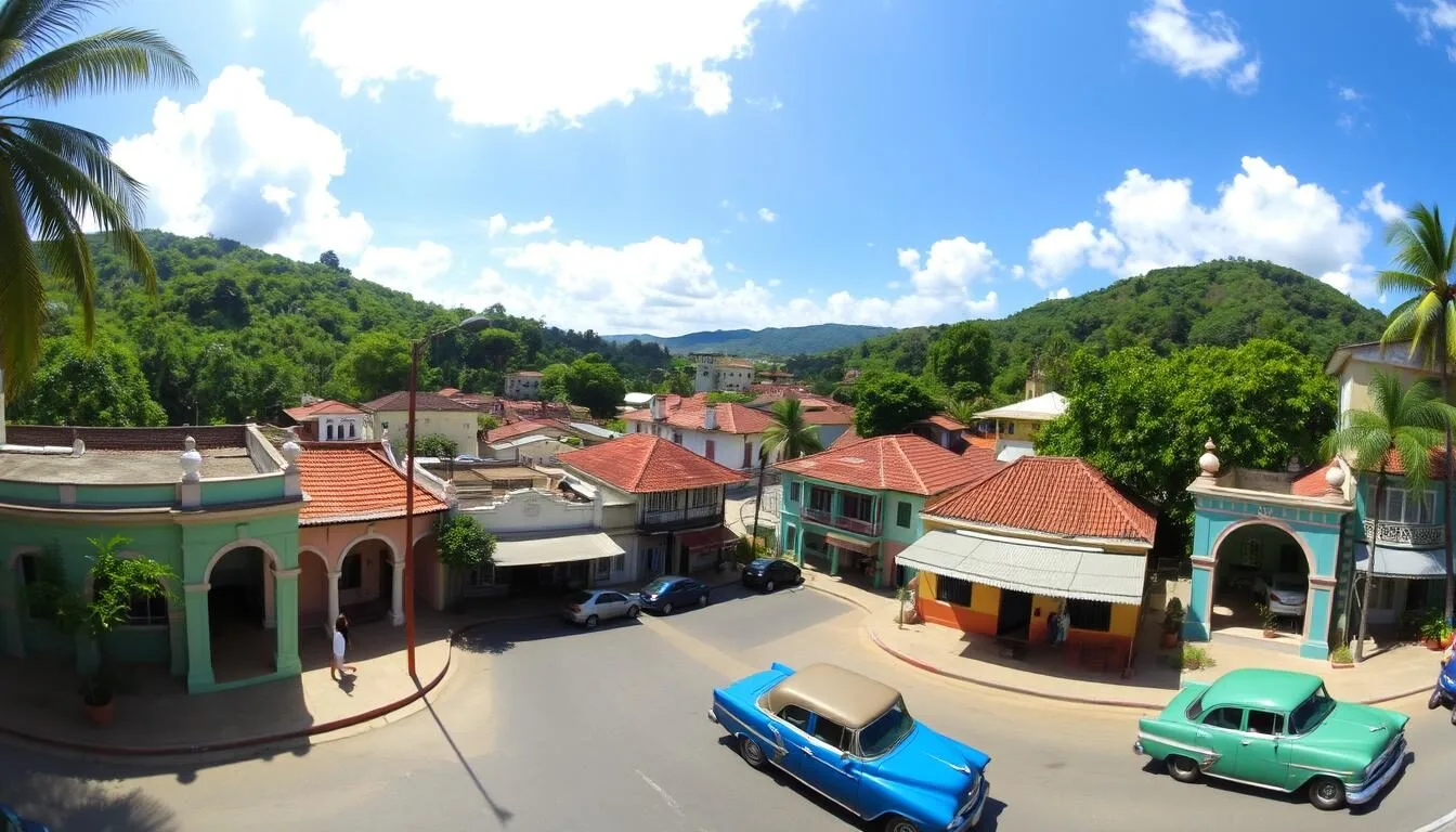 Panoramic view of Cabaiguan, Cuba showing colonial architecture and lush surroundings