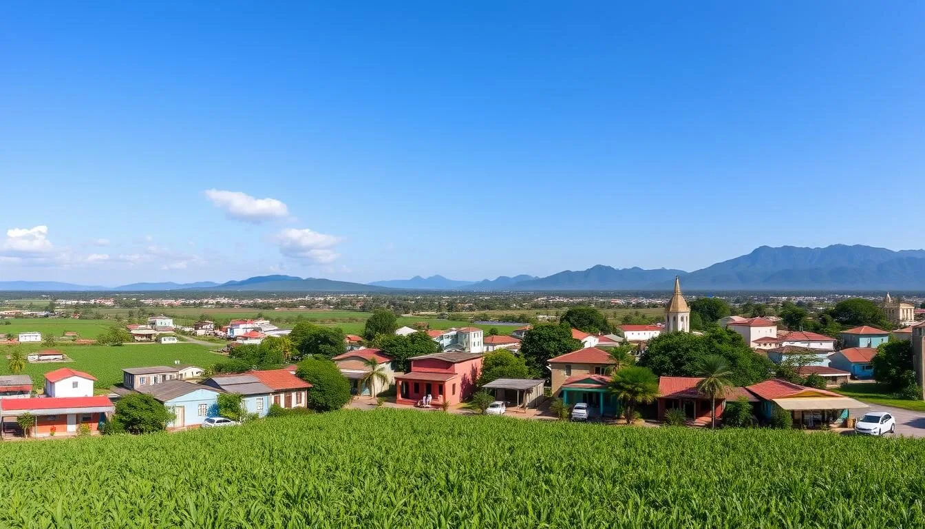 Panoramic view of Cacocum, Cuba showing the municipality's landscape with sugar cane fields and mountains in the background