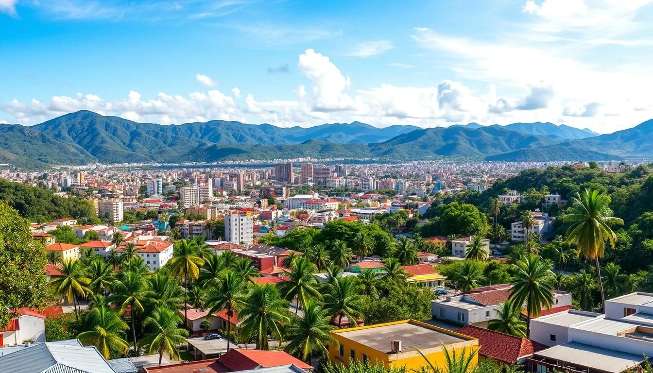 Panoramic view of Caguas, Puerto Rico with mountains in the background and colorful buildings in the foreground