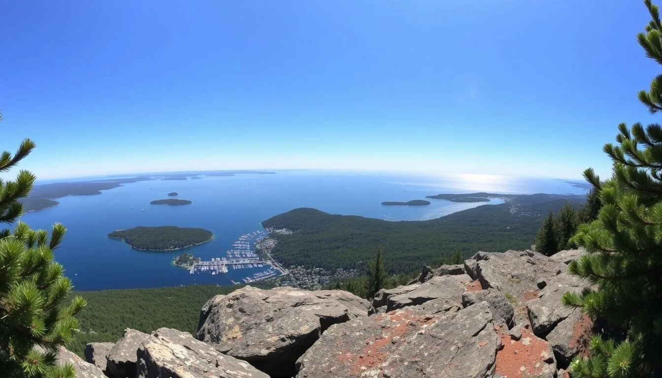 Panoramic view of Camden Harbor and Penobscot Bay from Mount Battie summit in Camden Hills State Park, Maine