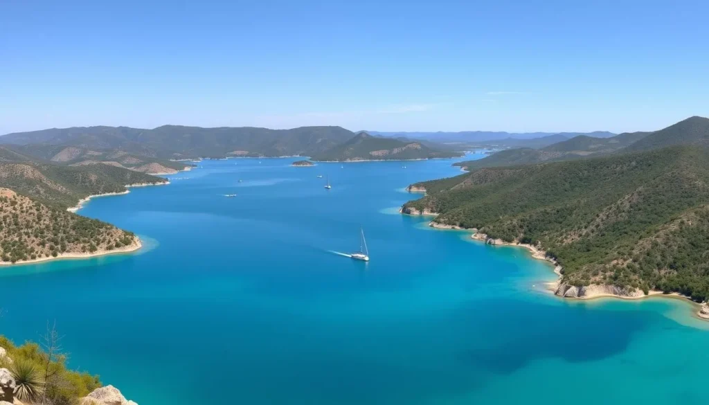 Panoramic view of Canyon Lake, Texas showing the crystal clear waters surrounded by rolling hills of the Texas Hill Country