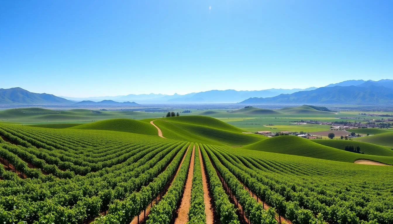 Panoramic view of Casablanca Valley vineyards with rows of grapevines stretching across rolling hills under blue sky