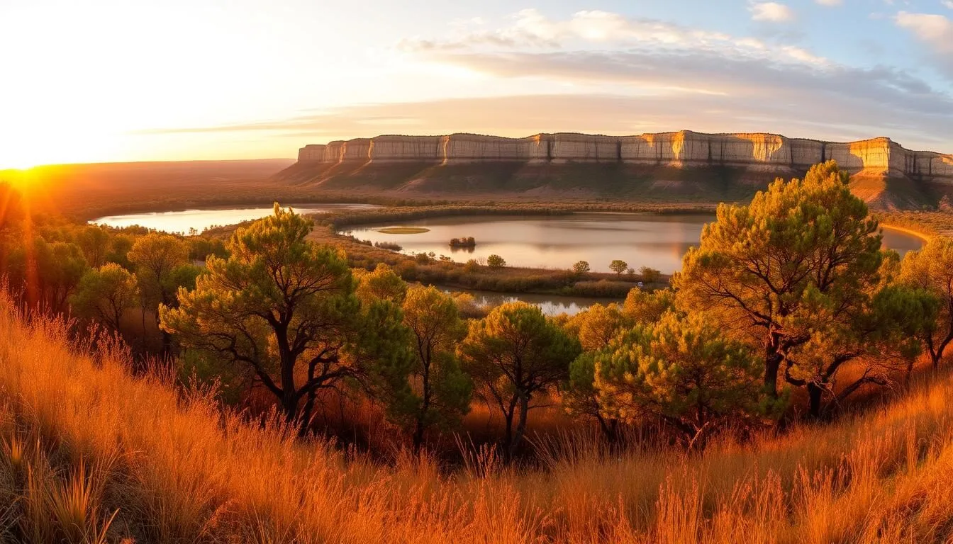 Panoramic view of Cedar Hill State Park Texas with Joe Pool Lake at sunset