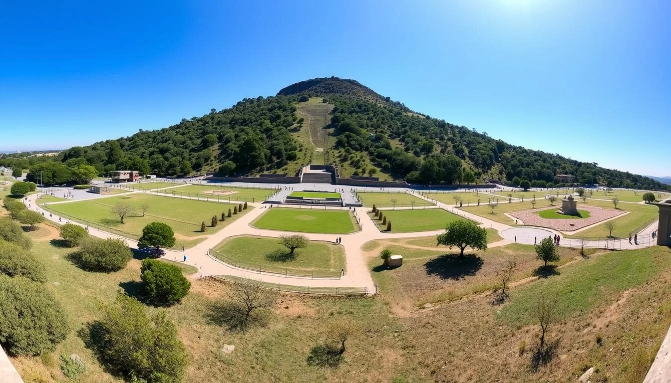 Panoramic view of Cerro de Las Campanas National Park with its iconic hill and monuments