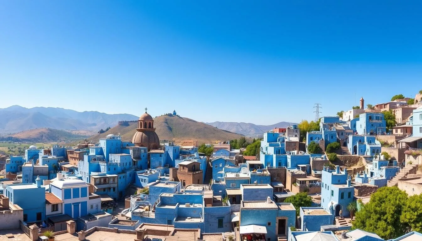 Panoramic-view-of-Chefchaouen-Moroccos-blue-washed-buildings-nestled-in-the-Rif-Mountains Panoramic view of Chefchaouen Morocco's blue-washed buildings nestled in the Rif Mountains