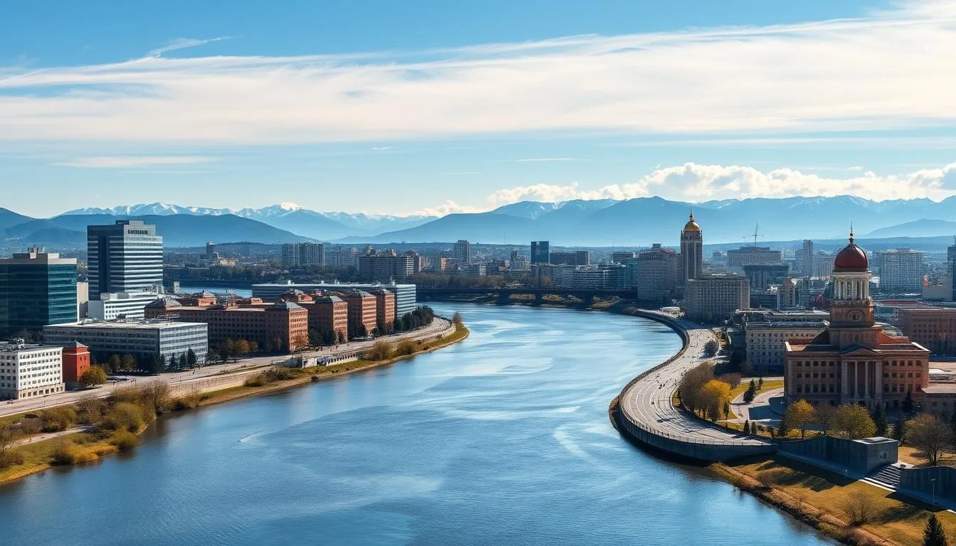 Panoramic view of Chelyabinsk city with the Miass River and Ural Mountains in the background