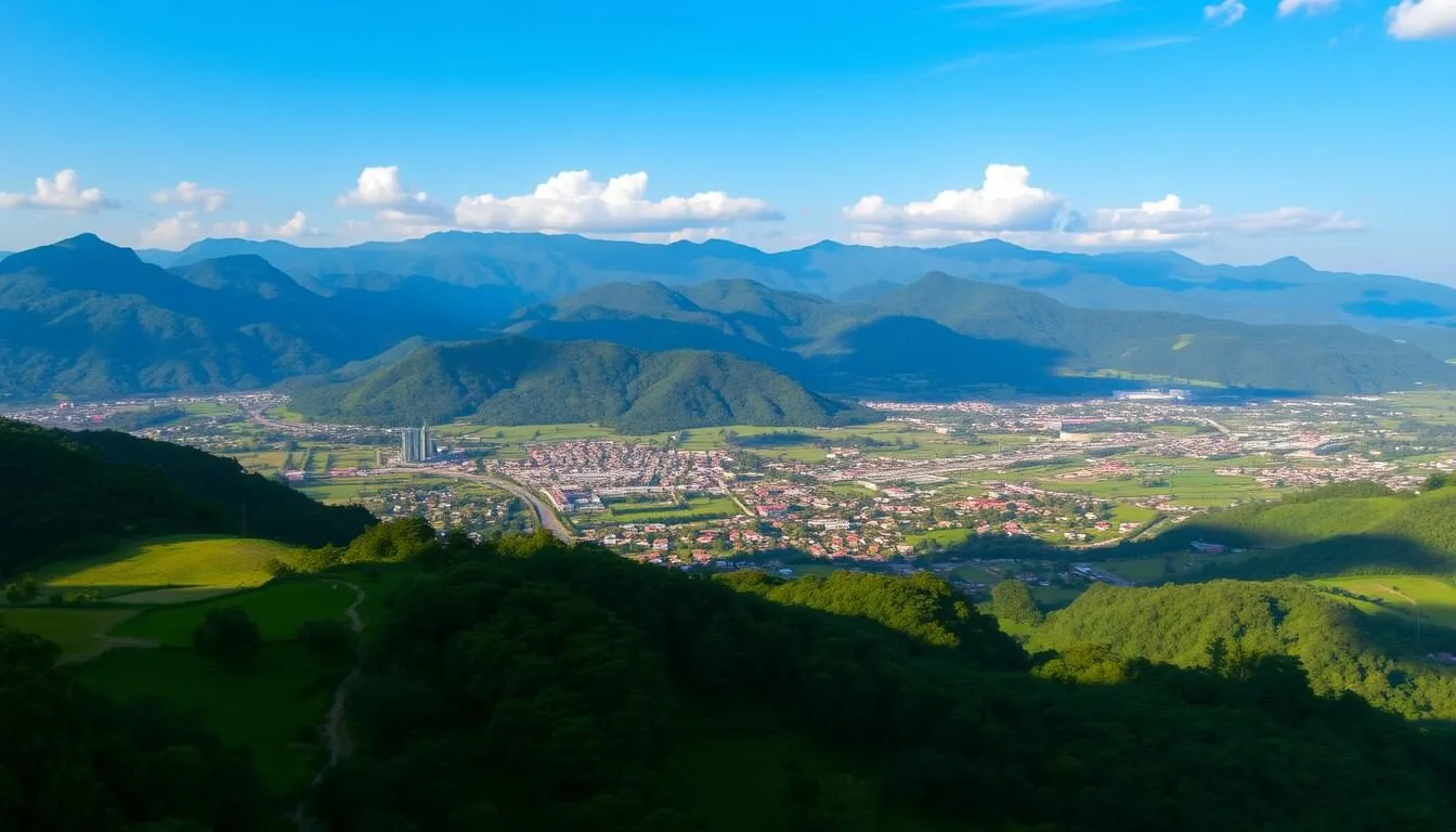 Panoramic view of Cimaha, Indonesia showing lush green landscapes and the city nestled in mountains