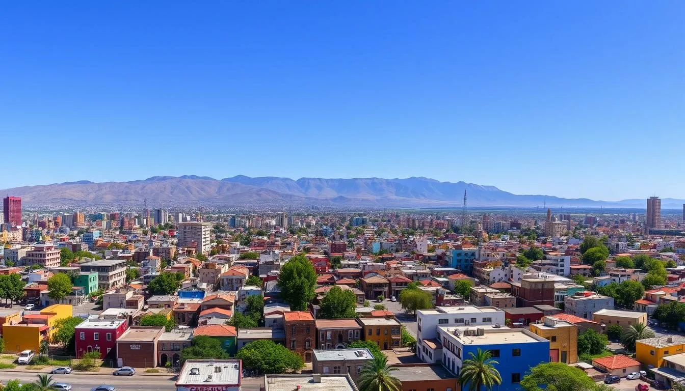 Panoramic view of Ciudad Nezahualcoyotl with colorful buildings and mountains in the background