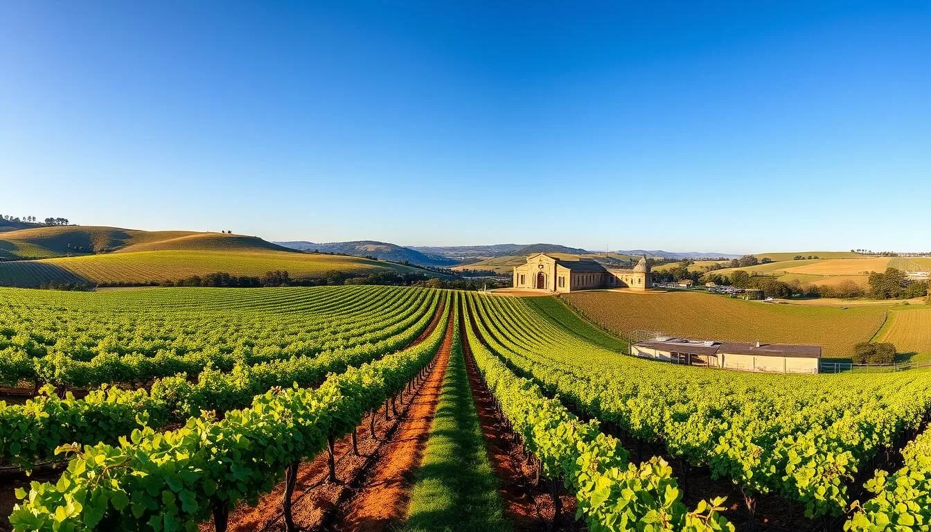 Panoramic-view-of-Clare-Valley-South-Australia-vineyards-with-rolling-hills-and-blue-sky Panoramic view of Clare Valley South Australia vineyards with rolling hills and blue sky