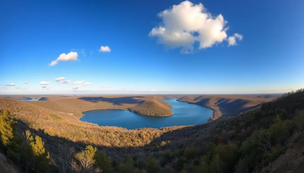 Panoramic view of Cleburne State Park showing Cedar Lake surrounded by wooded hills