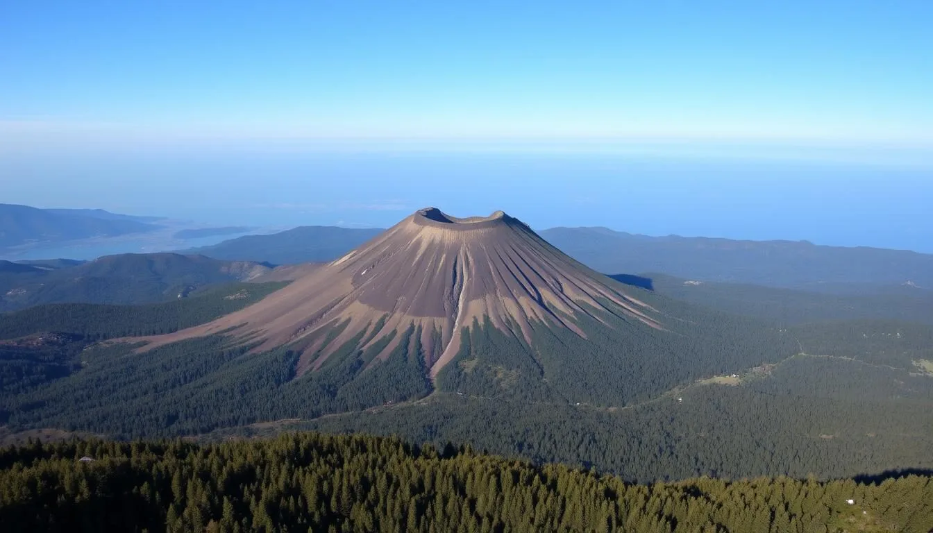 Panoramic view of Cofre de Perote National Park showing the distinctive chest-shaped summit and surrounding pine forests