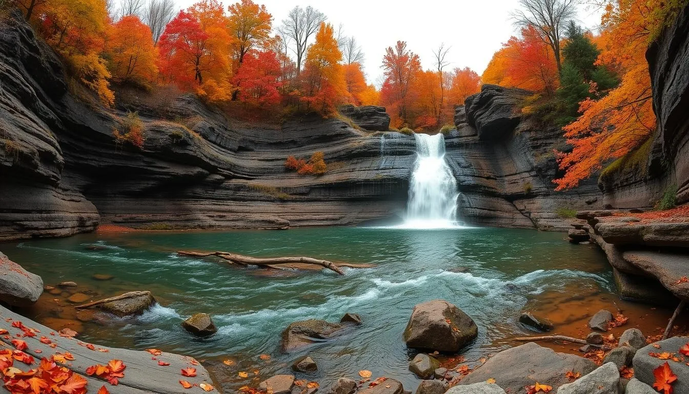 Panoramic view of Copper Falls cascading through a rocky gorge surrounded by lush forest at Copper Falls State Park, Wisconsin