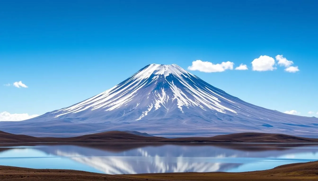 Panoramic view of Cotopaxi Volcano with its perfect snow-capped cone rising above the Andean páramo landscape in Ecuador