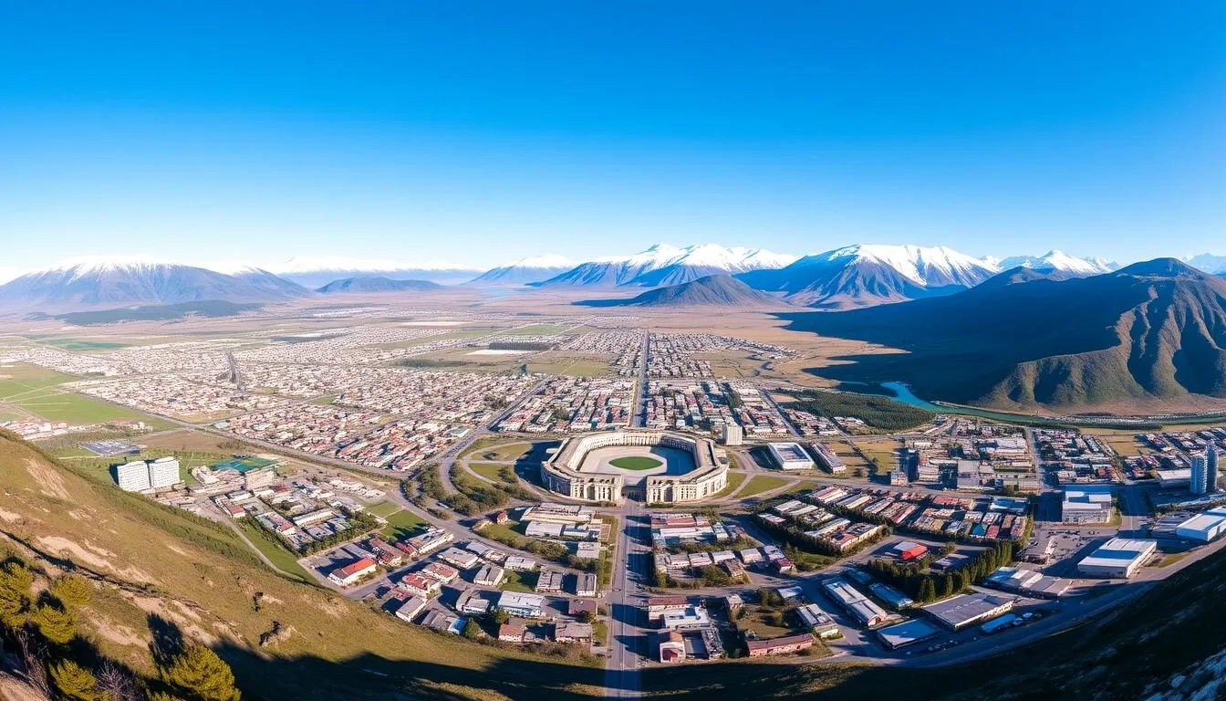 Panoramic view of Coyhaique city surrounded by mountains and forests in Chilean Patagonia