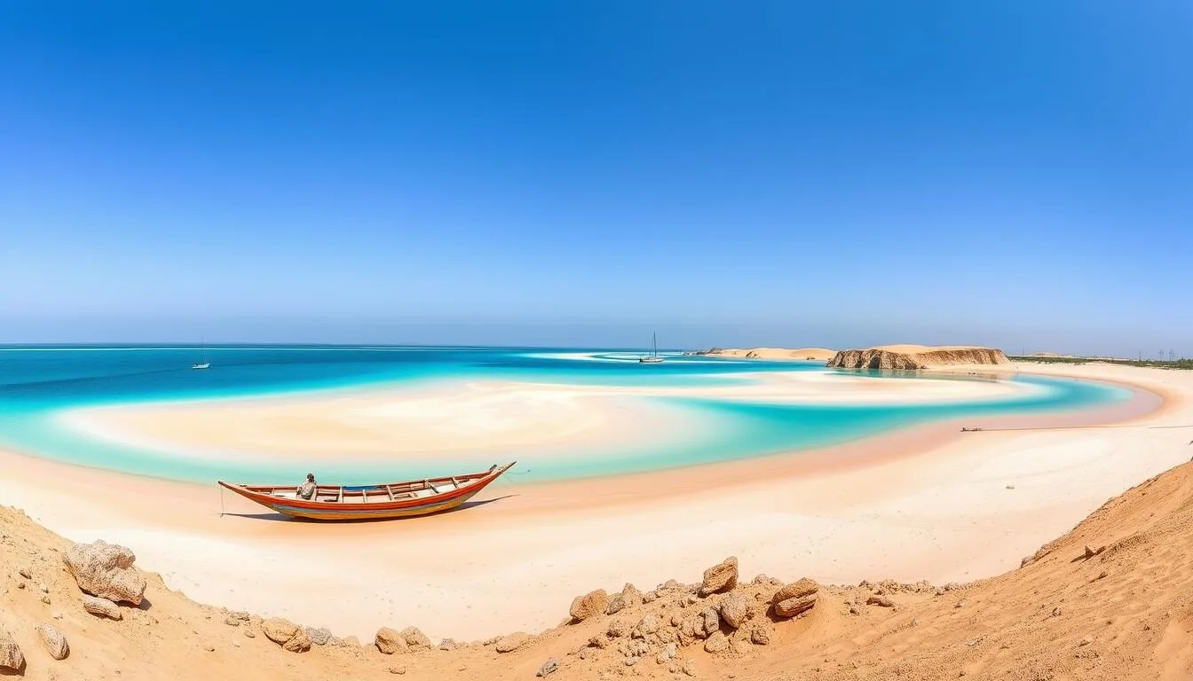 Panoramic view of Dakhla National Park showing the contrast between the blue lagoon waters and golden Sahara desert sands