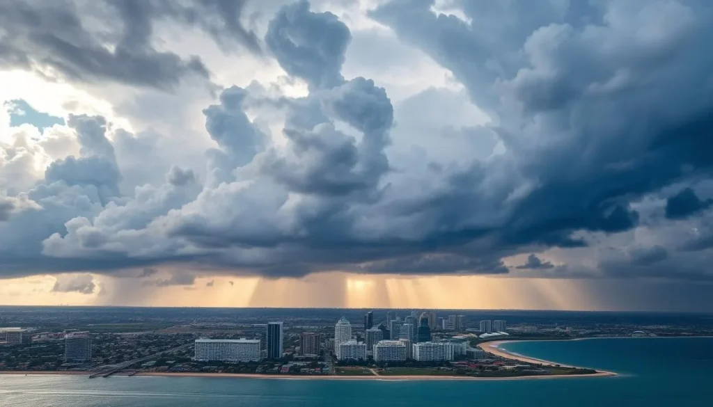 Panoramic view of Darwin city skyline with dramatic storm clouds during the build-up season