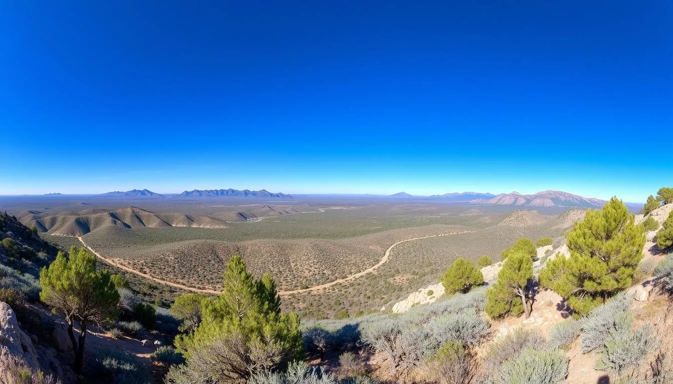 Panoramic view of Davis Mountains State Park, Texas showing mountain ranges and clear blue skies